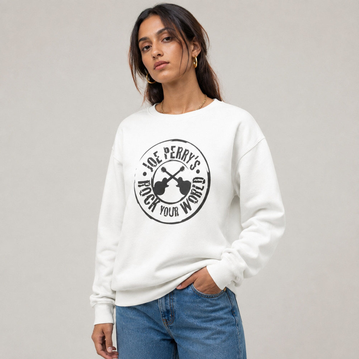 Joe Perry's Rock You World Unisex Premium Sweatshirt — worn on model, front