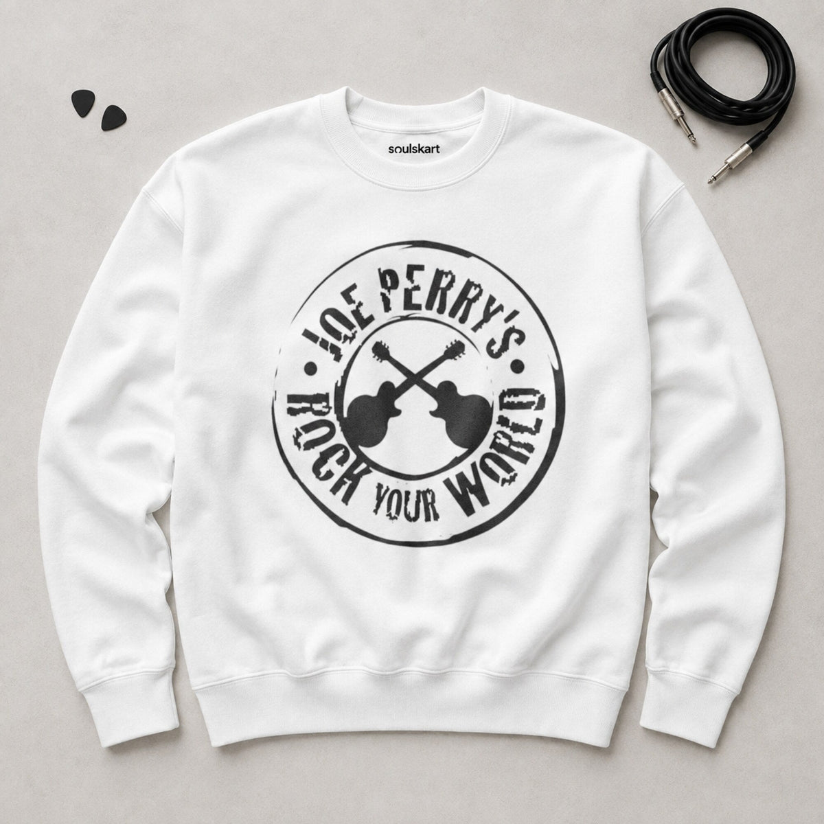 Joe Perry's Rock You World Unisex Premium Sweatshirt — on hanger