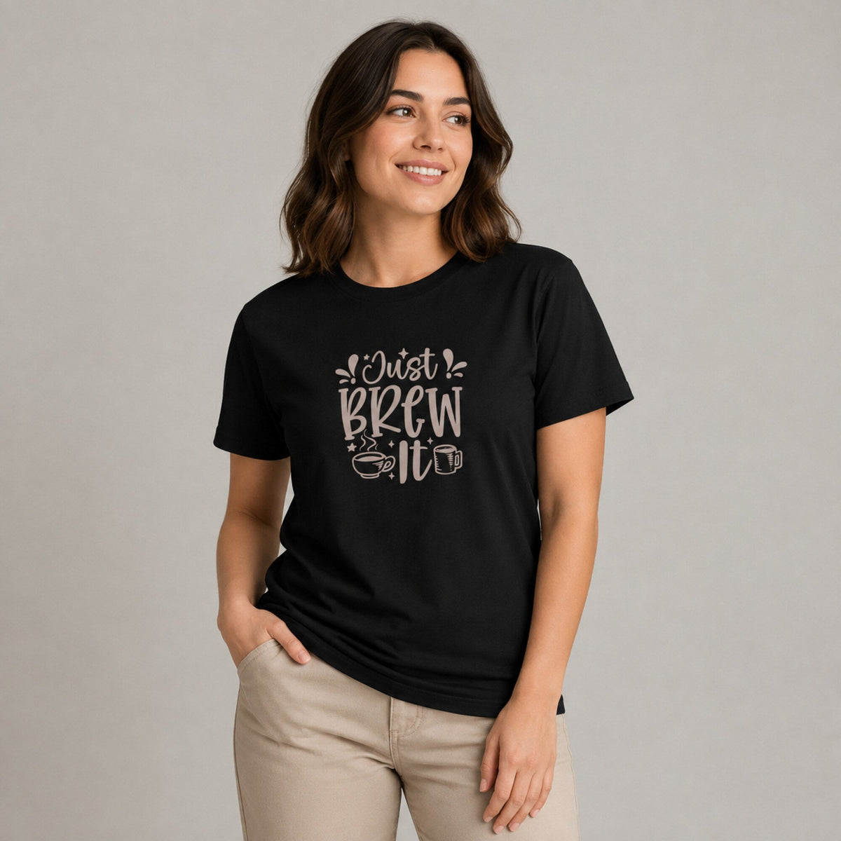 Just Brew It Coffee T-Shirt — worn on model, front