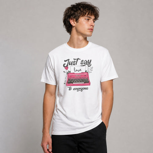 Just Say Love Unisex Streetwear Tee — worn on model, front