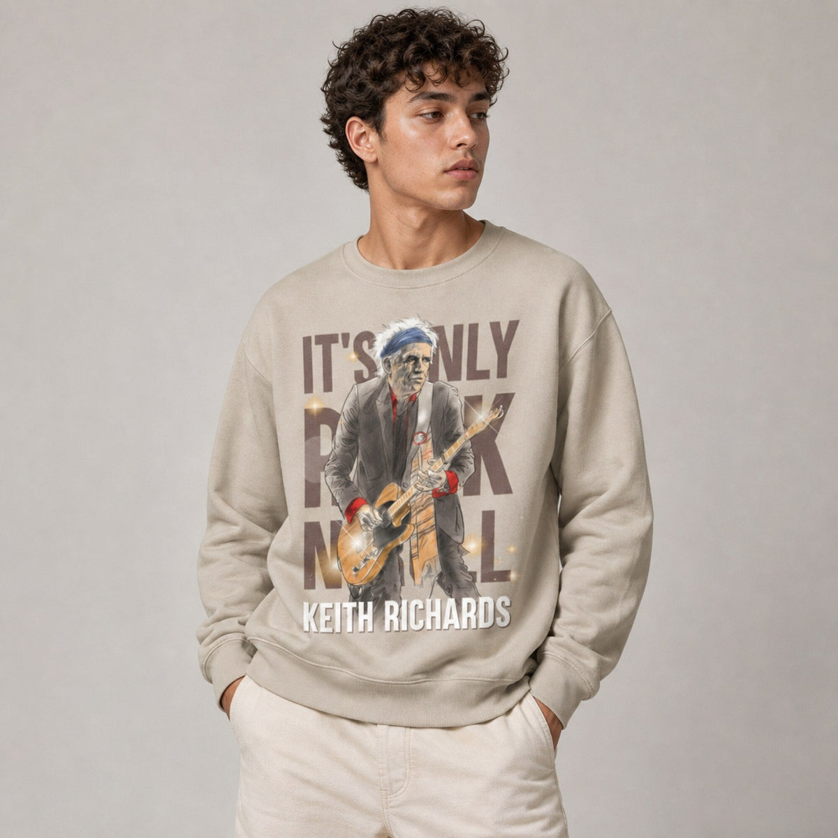 Keith Richards- The Rolling Stones Unisex Premium Sweatshirt — worn on model, front