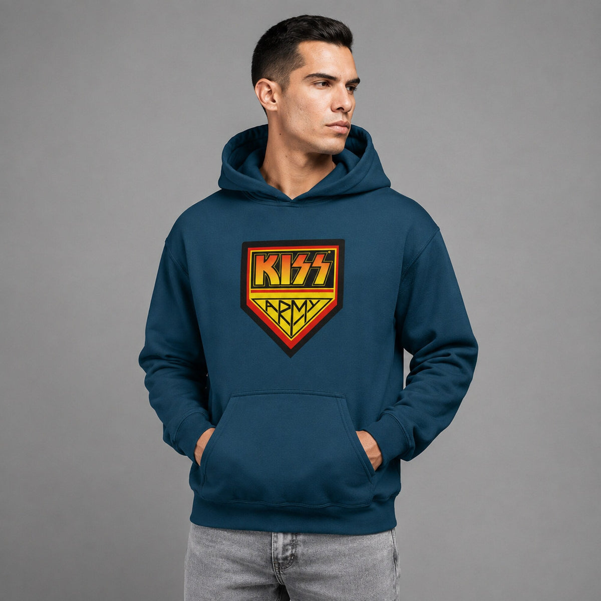 KISS Army Shield Hoodie — worn on model, front