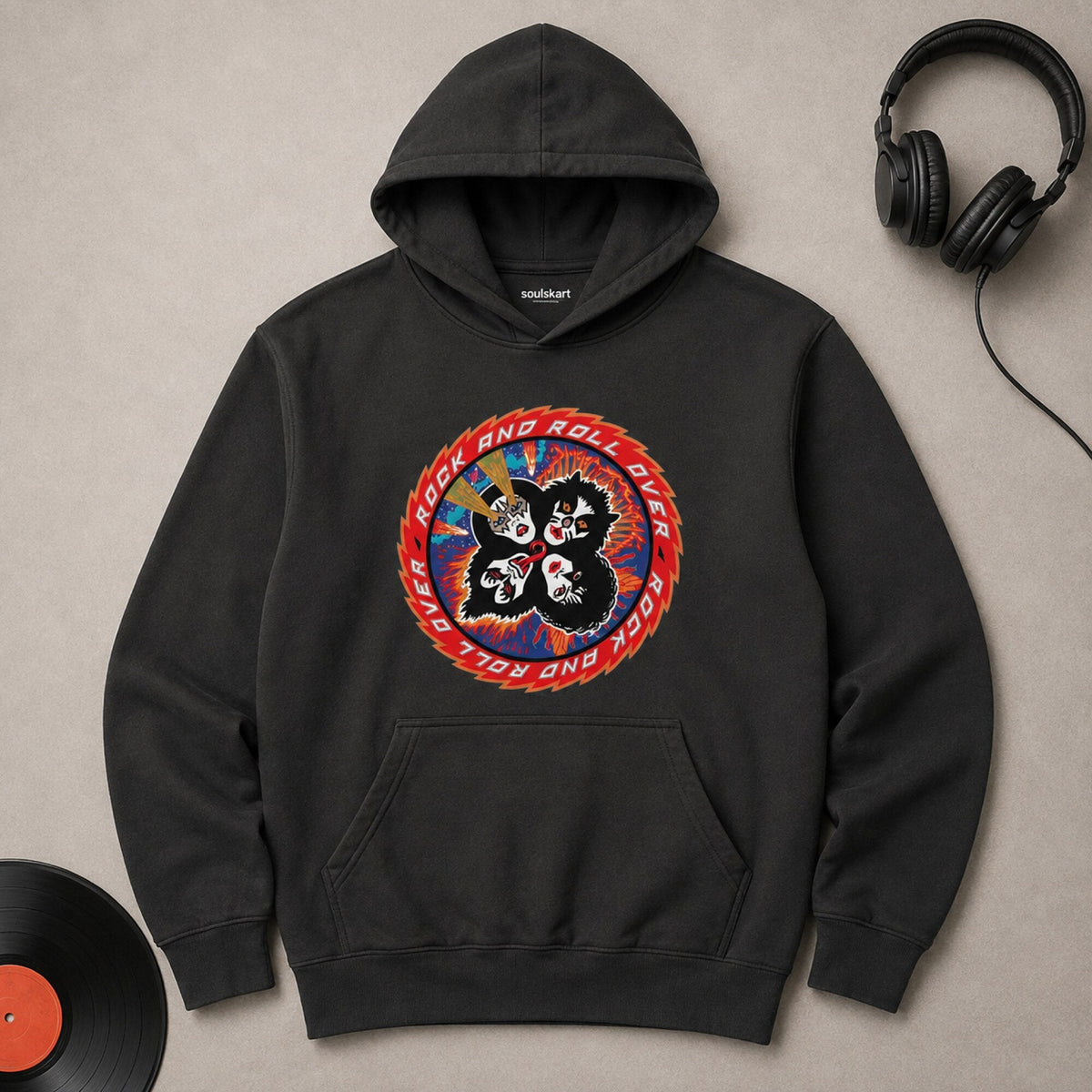 KISS Rock and Roll Over Hoodie — on hanger