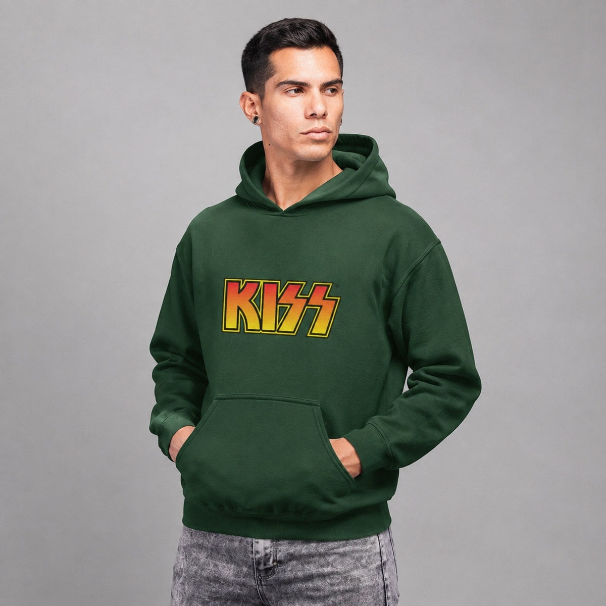 KISS Logo Wordmark Hoodie — worn on model, front
