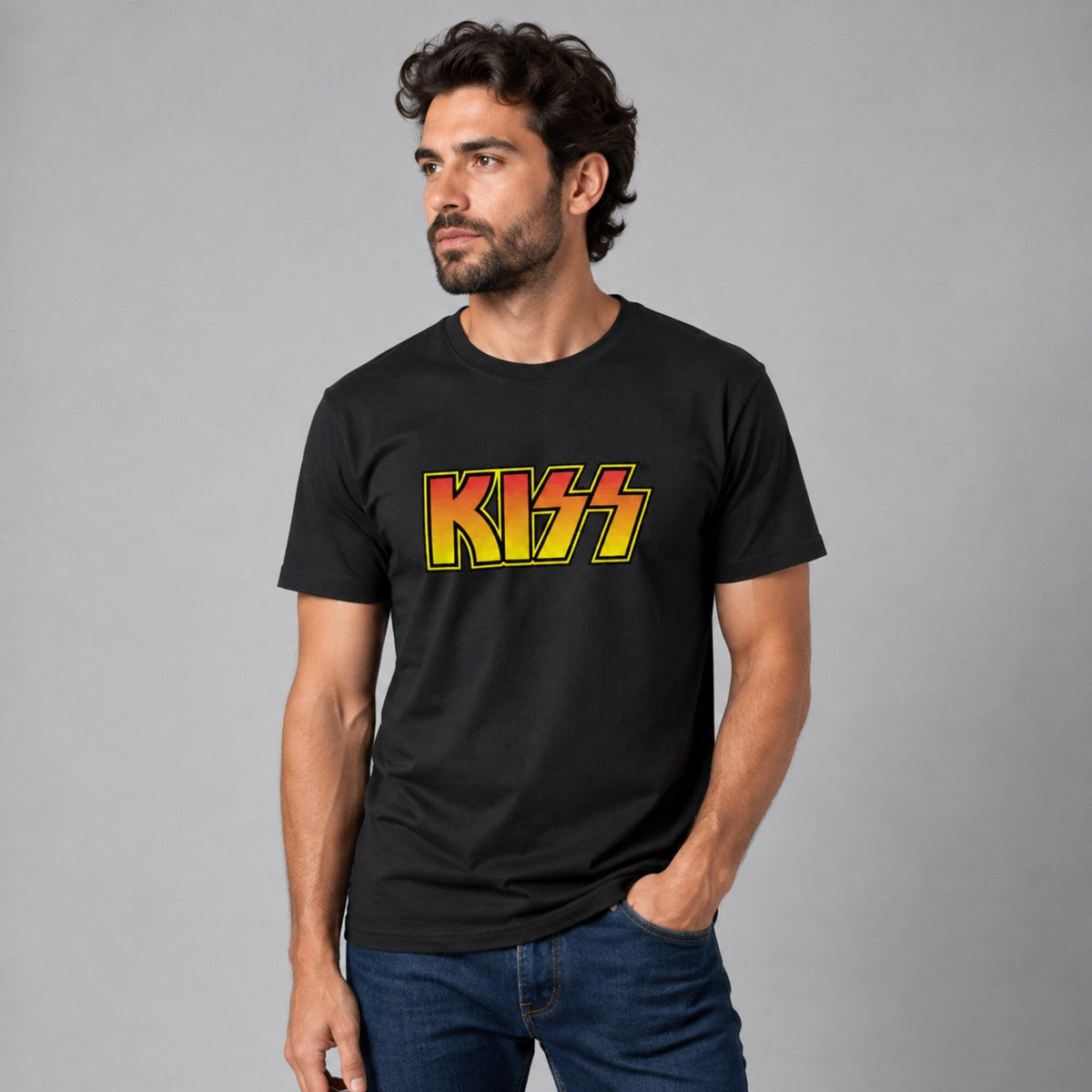 KISS Logo Wordmark Tee — worn on model, front