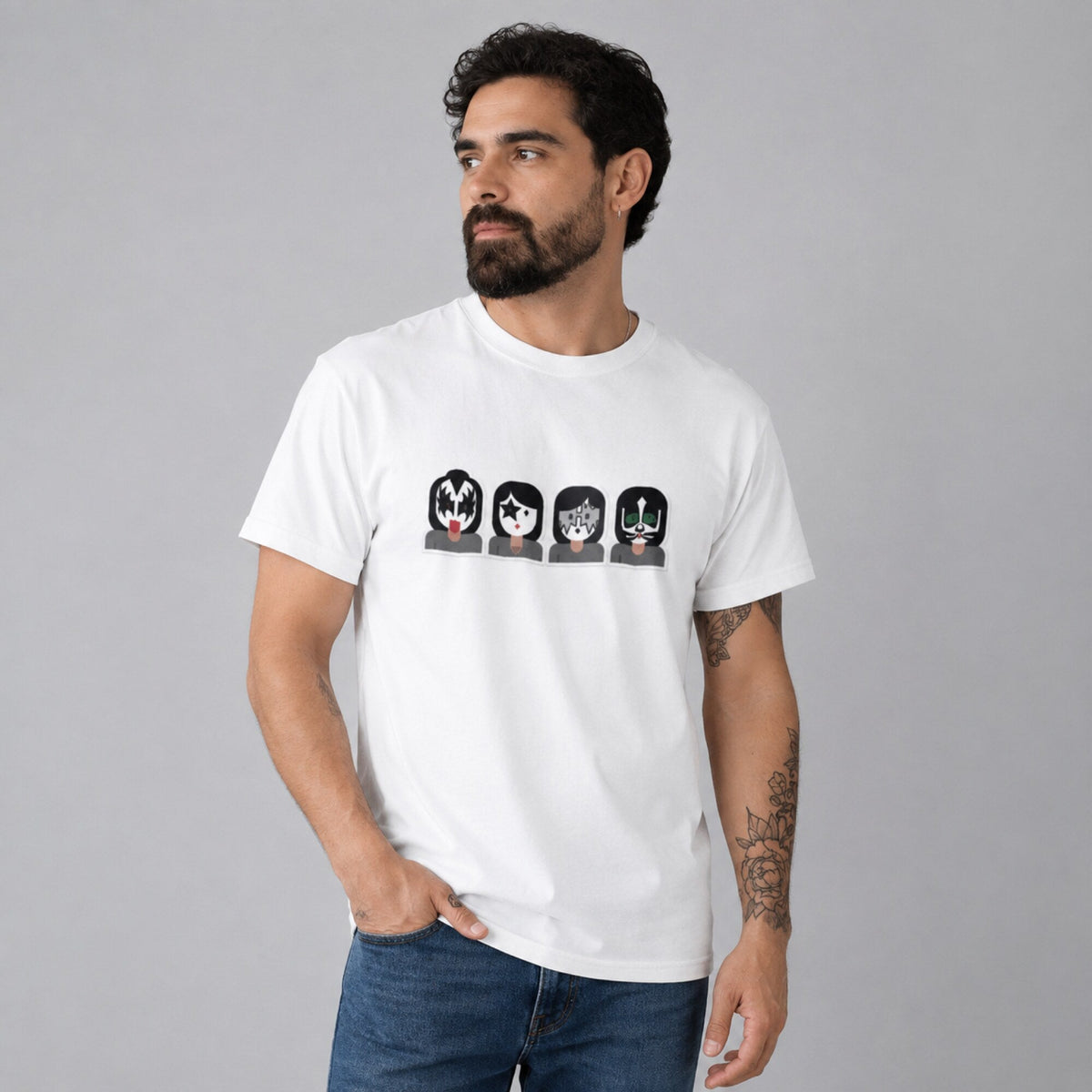KISS Four Faces Icon Row Tee — worn on model, front