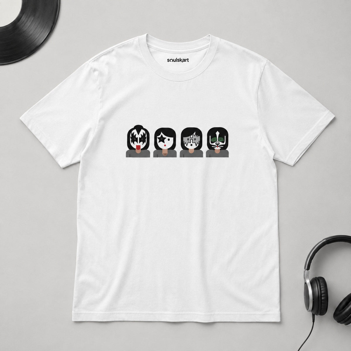 KISS Four Faces Icon Row Tee — on hanger