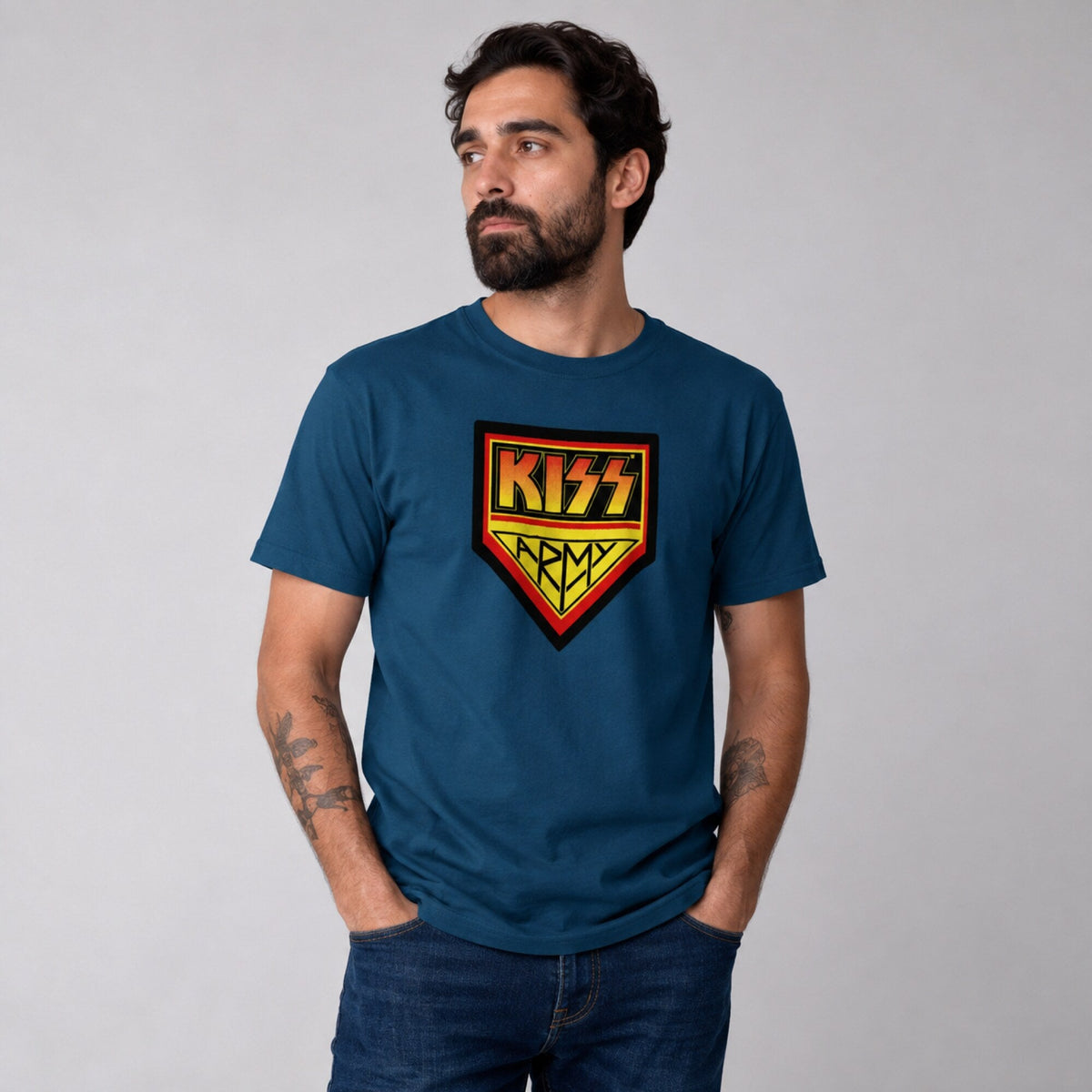KISS Army Shield Tee — worn on model, front