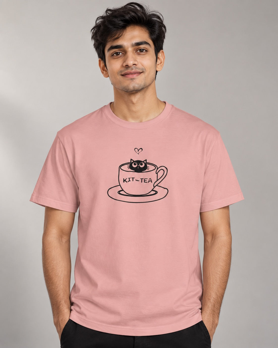 “Kit-Tea Time” Unisex Cotton T-Shirt, on-model front