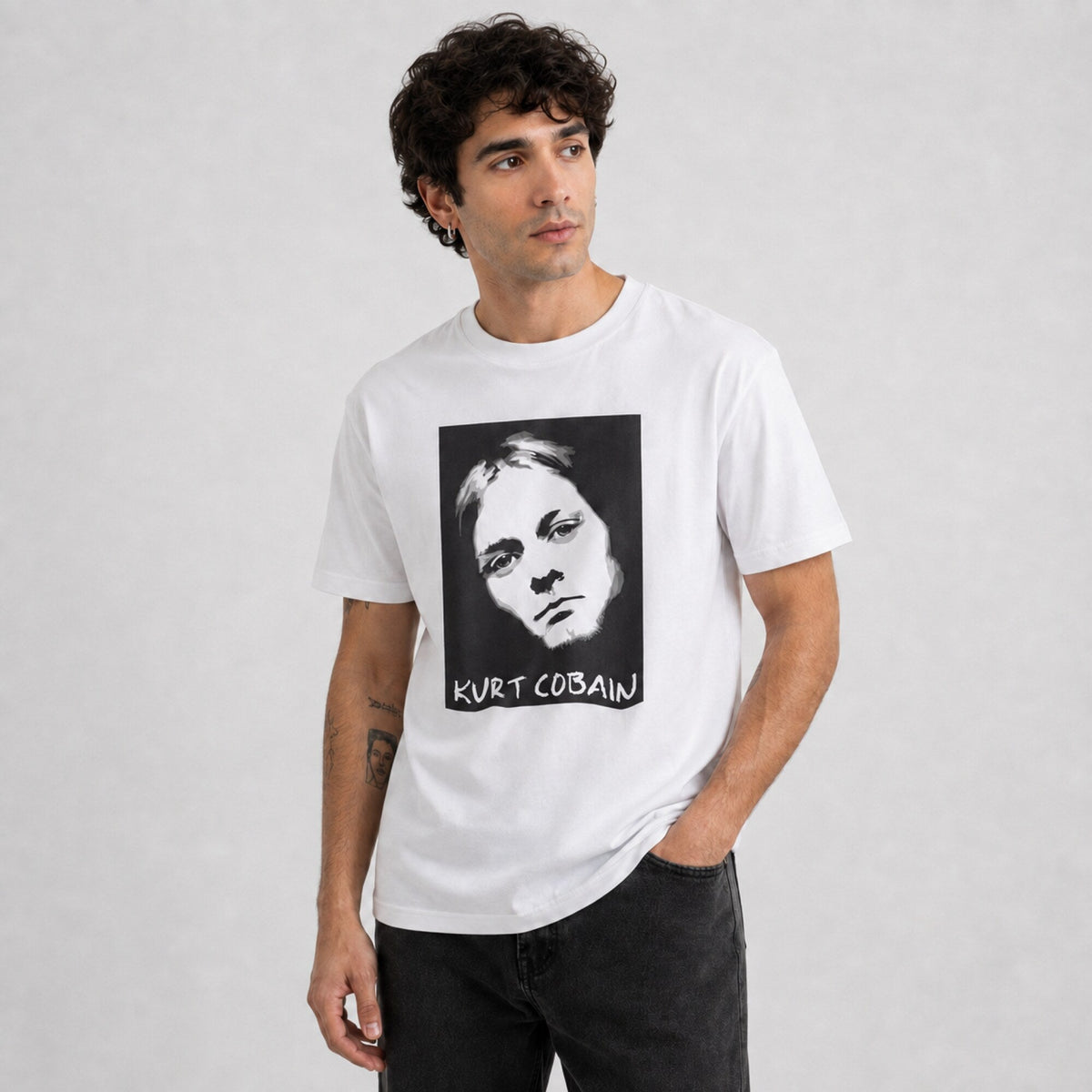 Kurt Cobain Unisex T-Shirt — worn on model, front
