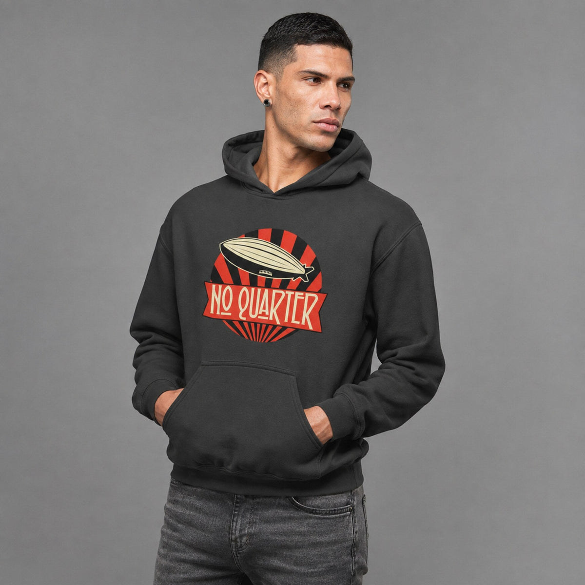 Led Zeppelin No Quarter Hoodie — Charcoal — worn on model, front