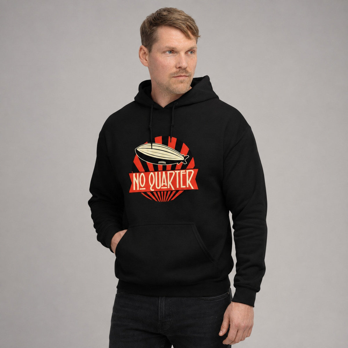 Led Zeppelin No Quarter Hoodie — Black — worn on model, front