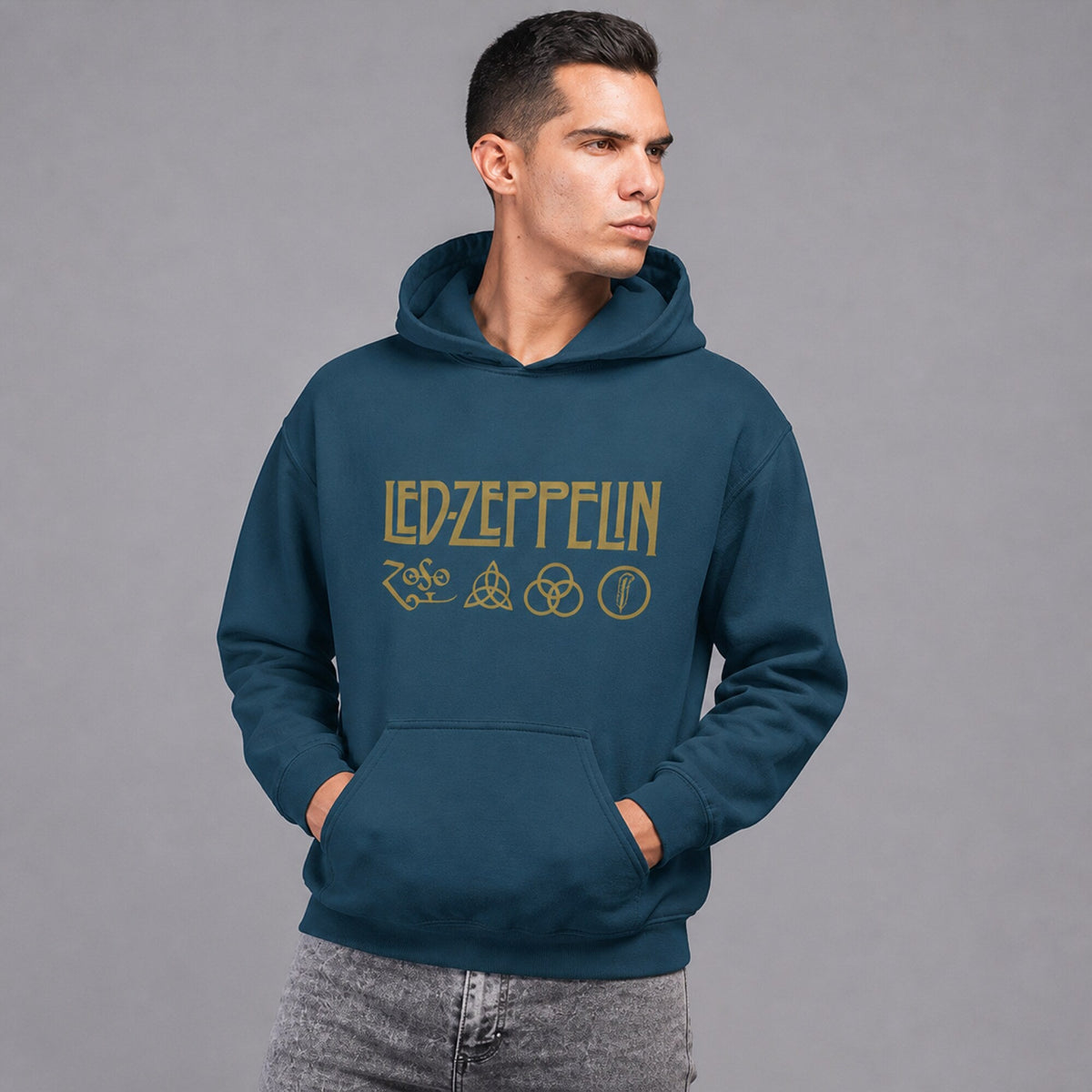 Led Zeppelin Four Symbols Hoodie — worn on model, front
