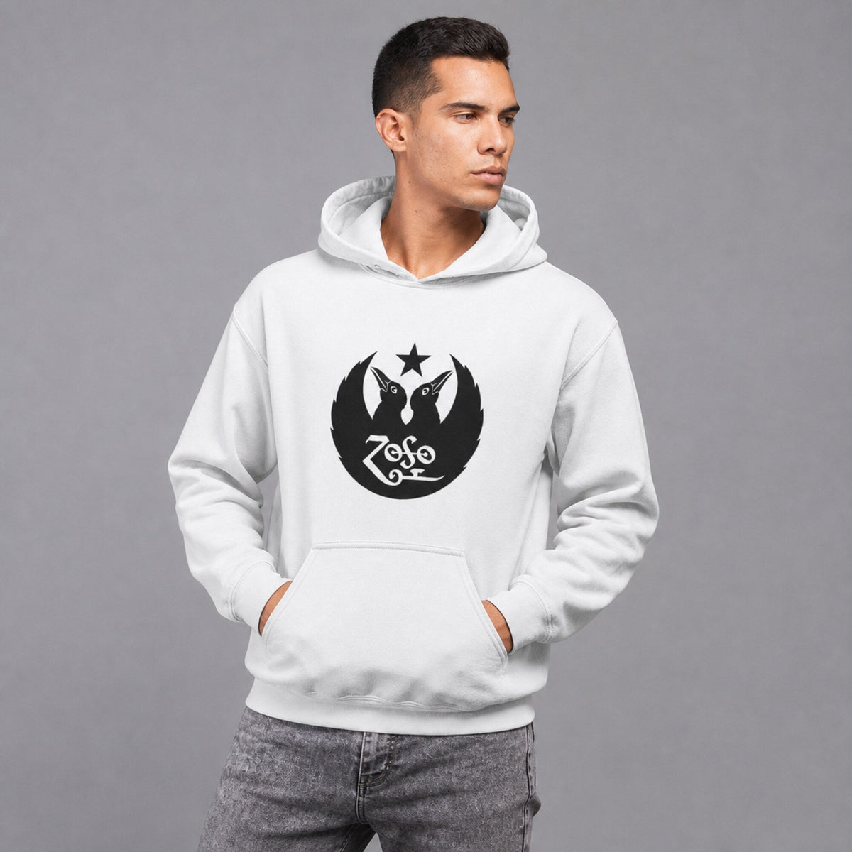Led Zeppelin ZoSo Raven Emblem Hoodie — worn on model, front