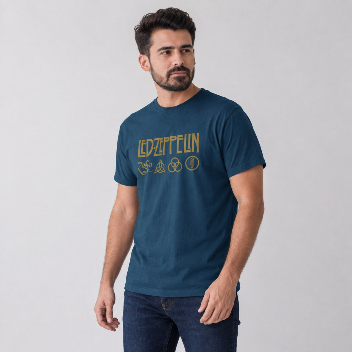 Led Zeppelin Four Symbols Tee — worn on model, front