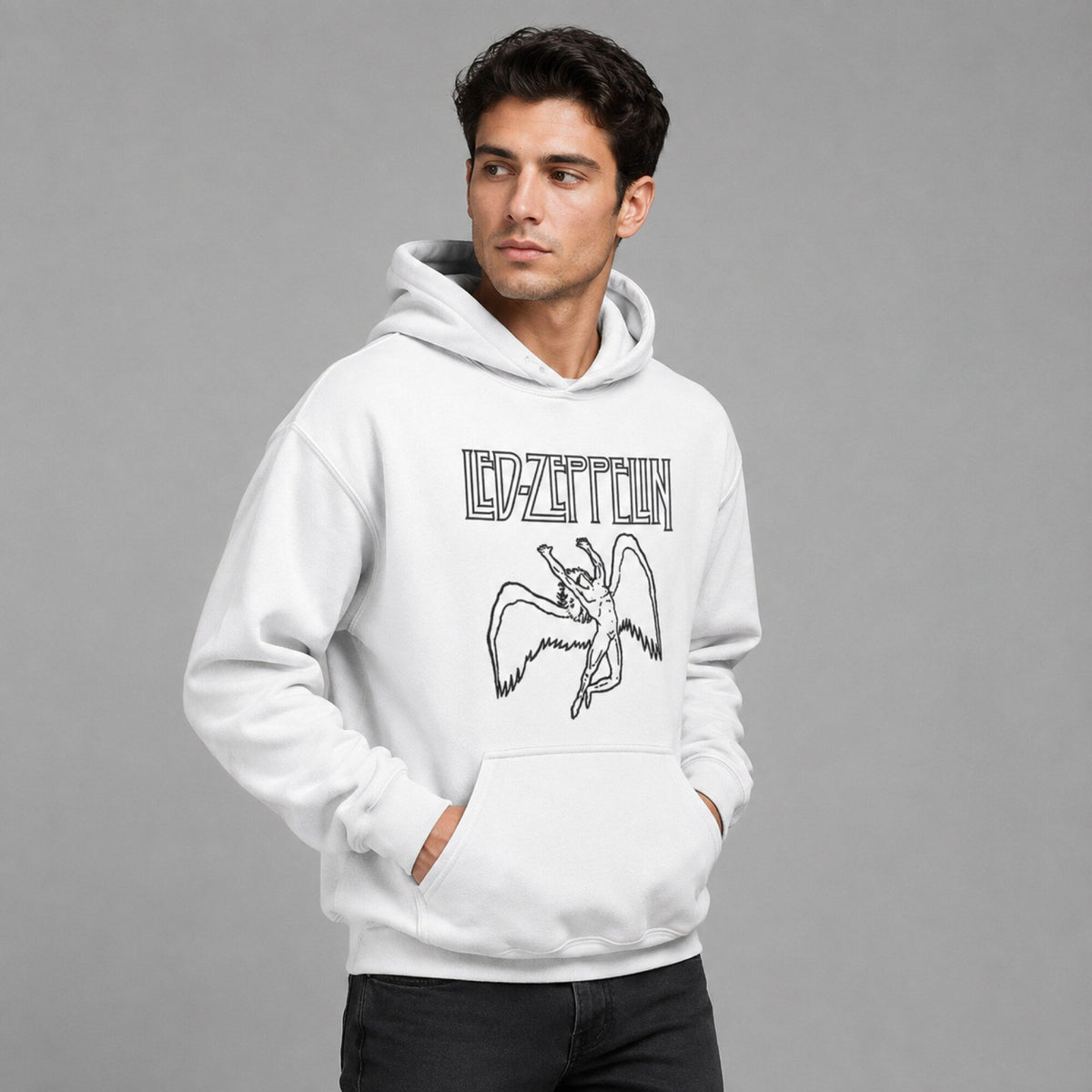 Led Zeppelin Unisex White Hoodie — worn on model, front