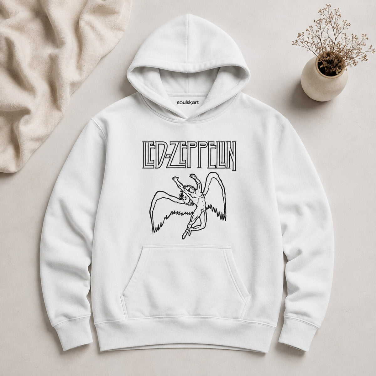 Led Zeppelin Unisex White Hoodie — on hanger