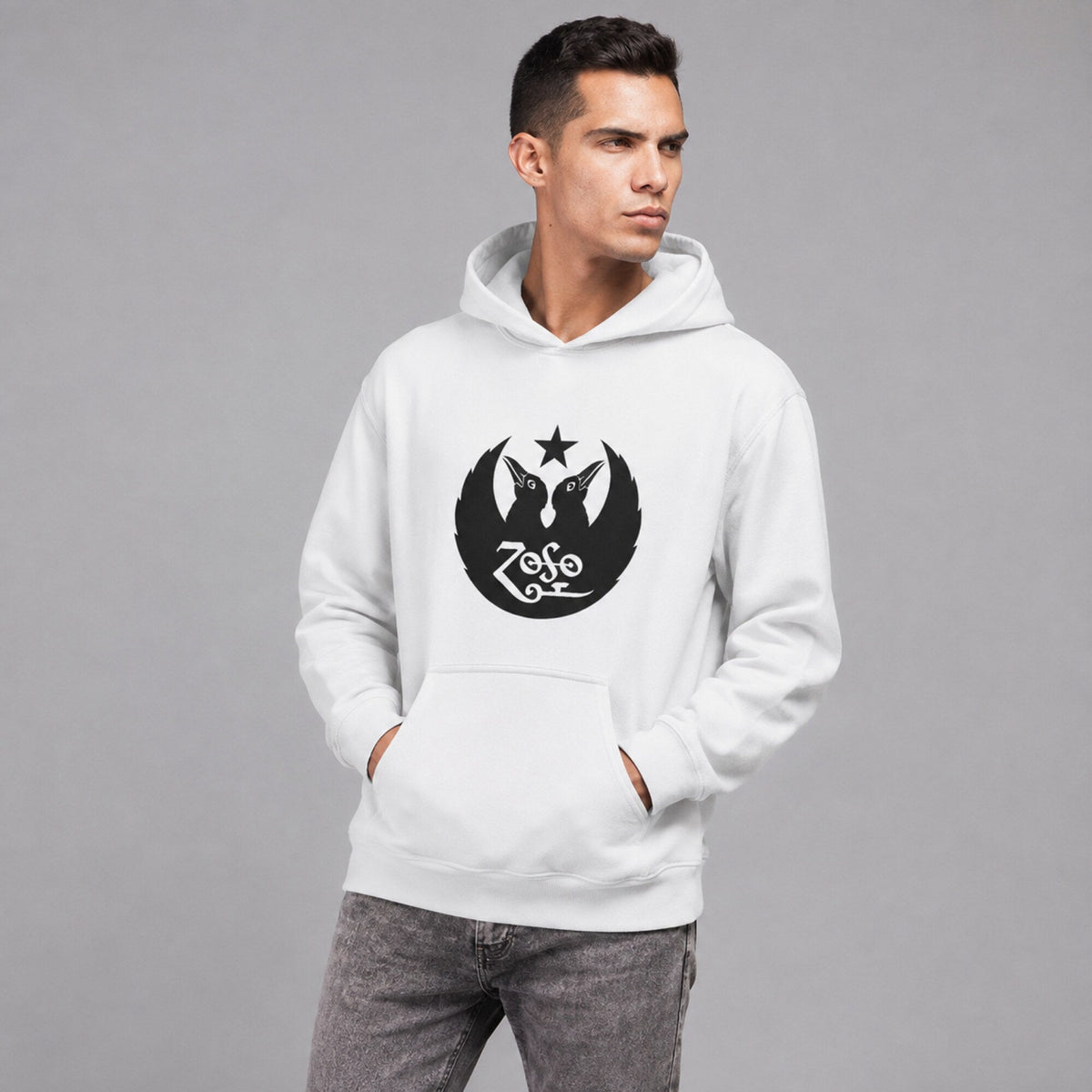 Led Zeppelin Zoso Unisex Hoodie — worn on model, front