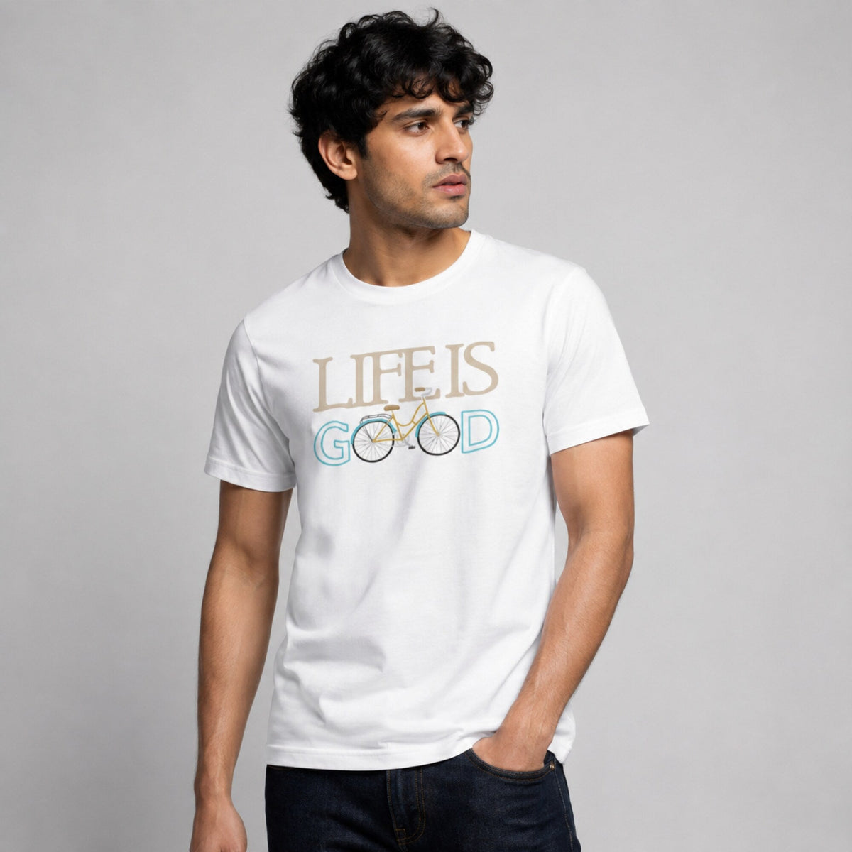 Life is Good Cycling Unisex Printed T-Shirt — worn on model, front