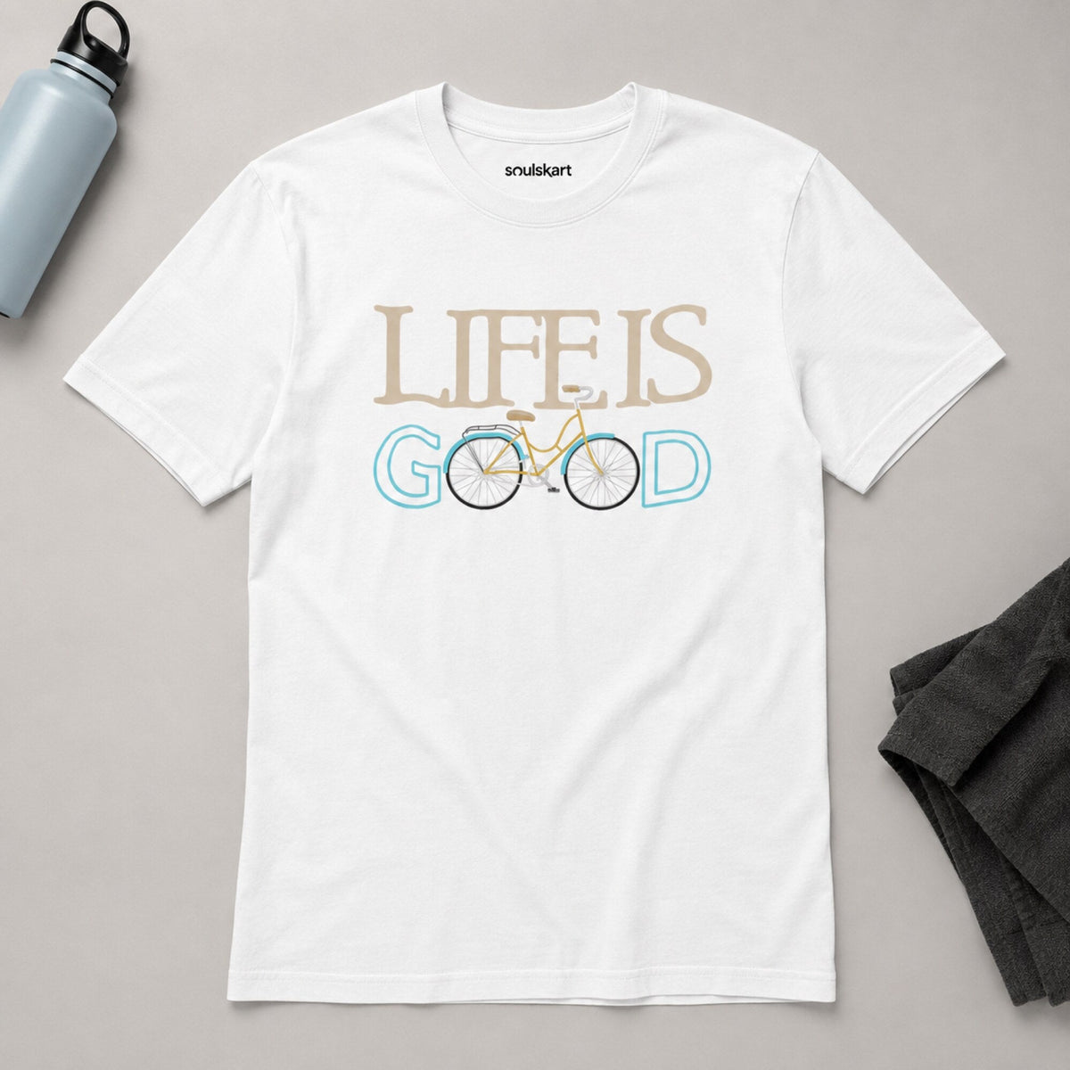 Life is Good Cycling Unisex Printed T-Shirt — on hanger