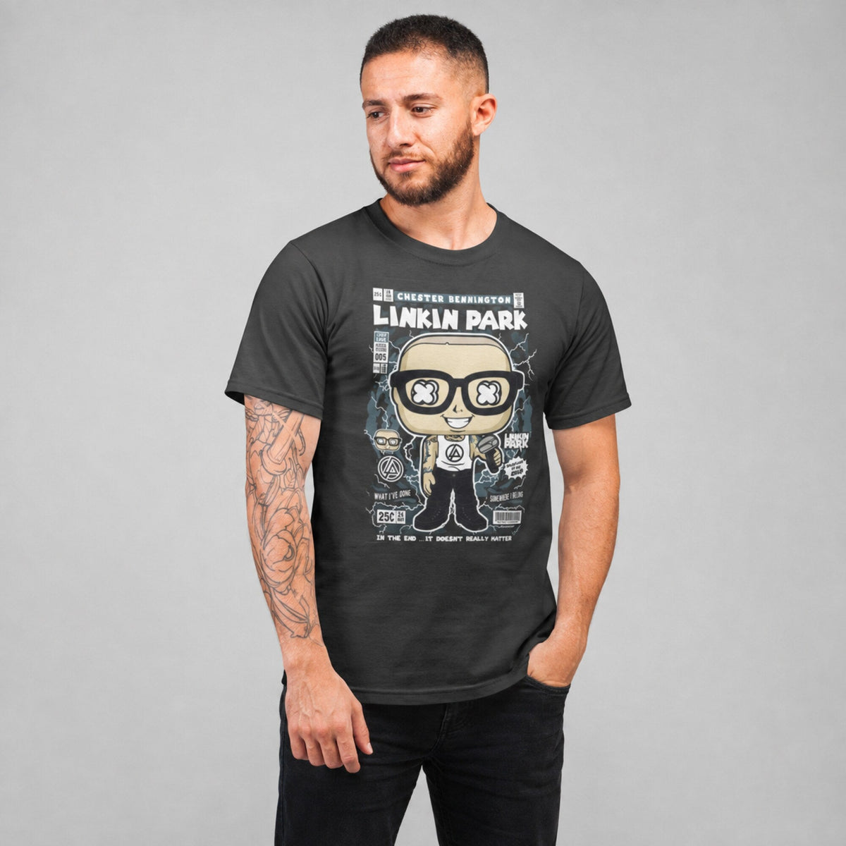 Linkin Park Chester Bennington Pop Art Unisex T-Shirt — worn on model, front
