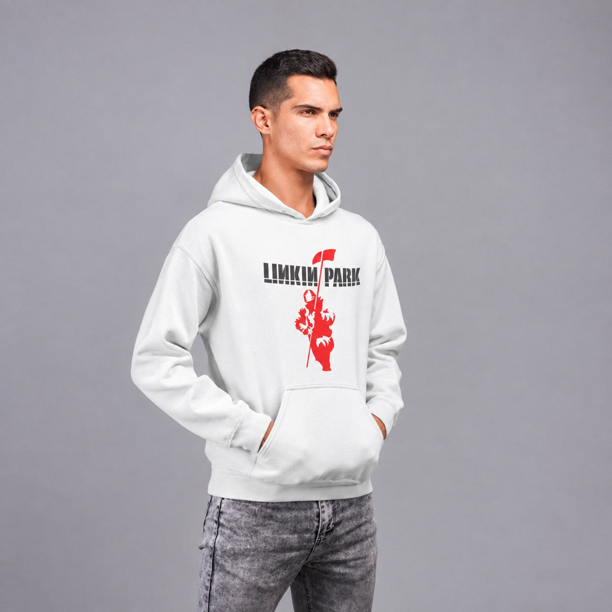 Linkin Park Red Fist and Flag Hoodie — worn on model, front