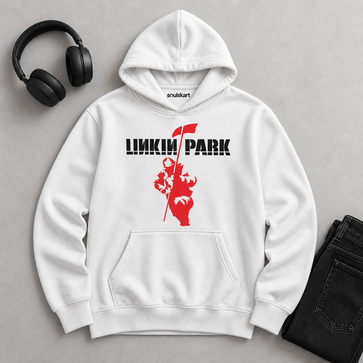 Linkin Park Red Fist and Flag Hoodie — on hanger