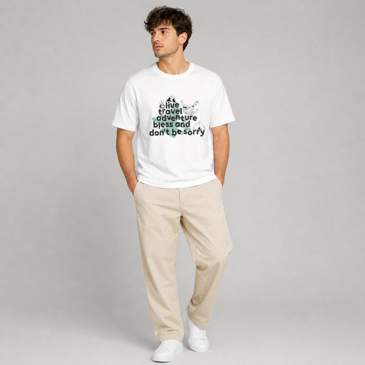 Live, Travel, Adventure, Bless & Don't Be Sorry Graphic Tee — worn on model, front