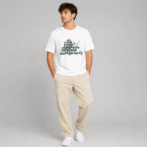 Live, Travel, Adventure, Bless & Don't Be Sorry Graphic Tee — worn on model, front