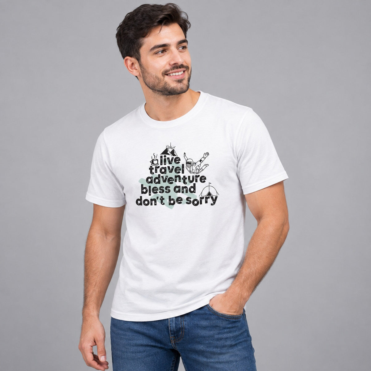 Live Travel Adventure Unisex T-Shirt — worn on model, front