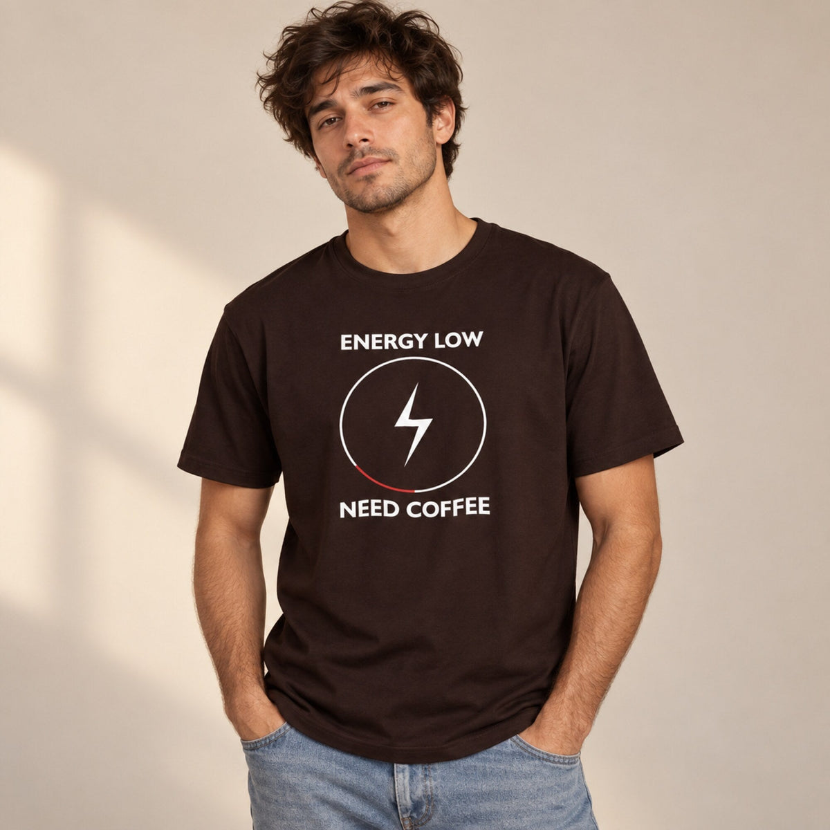 Low Energy, Need Coffee T-Shirt — worn on model, front