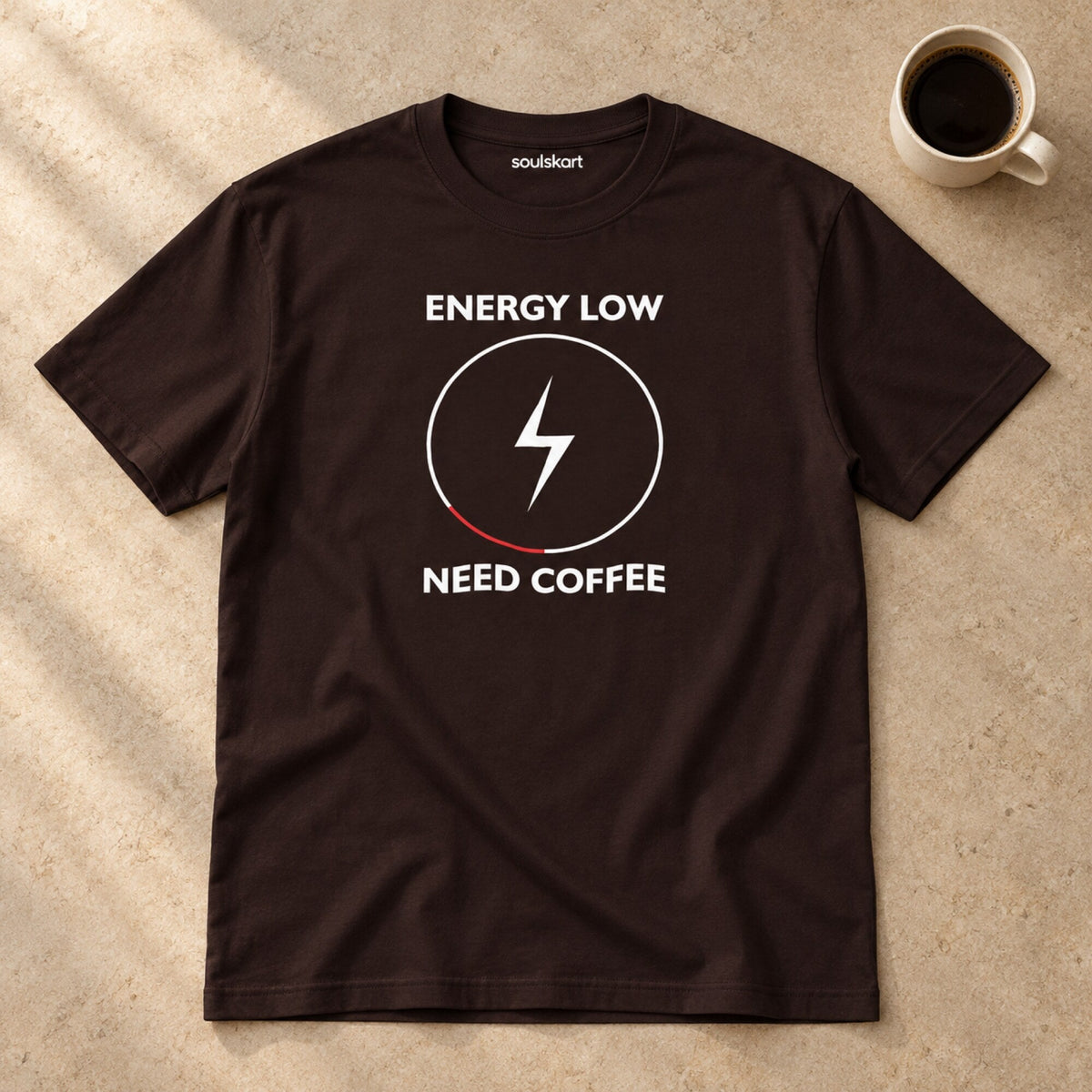 Low Energy, Need Coffee T-Shirt — on hanger