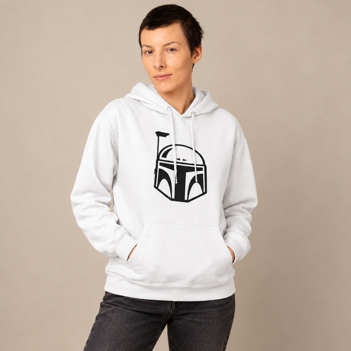 Mandalorian Star Wars Unisex Hoodie — worn on model, front