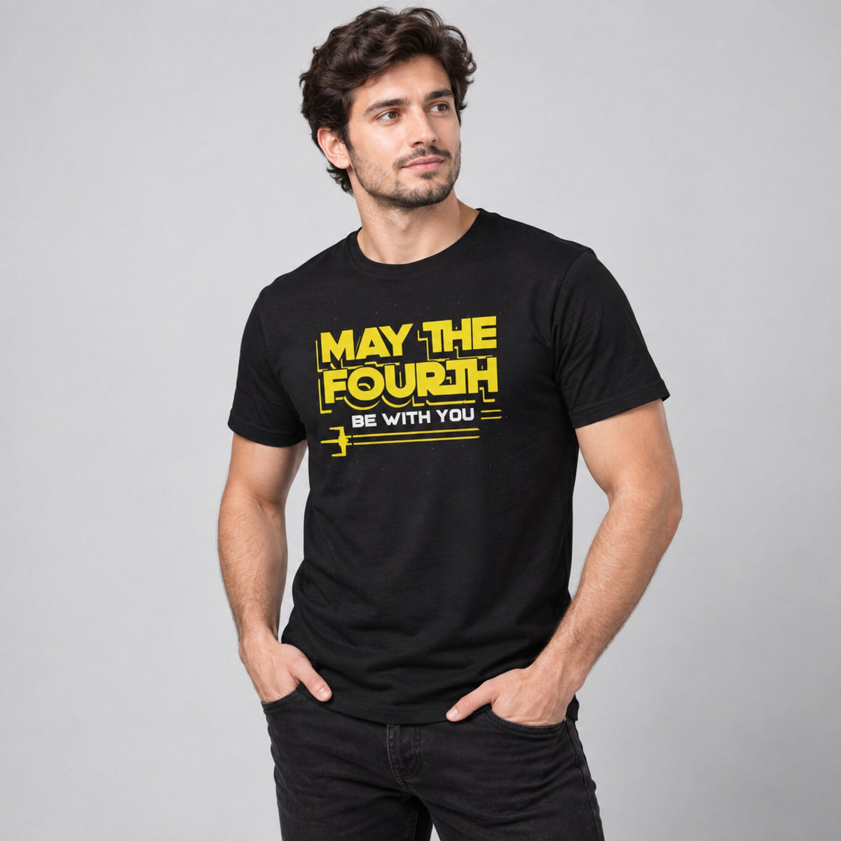 May The Fourth Lightsaber Type Tee — worn on model, front