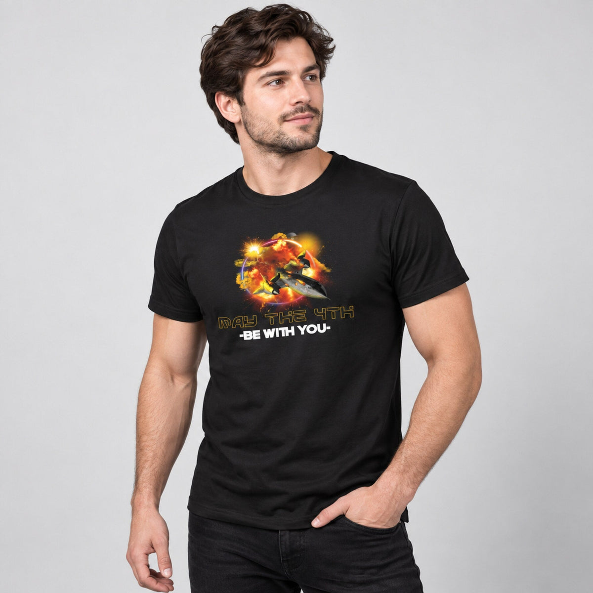 May The 4th Starfighter Blast Tee — worn on model, front