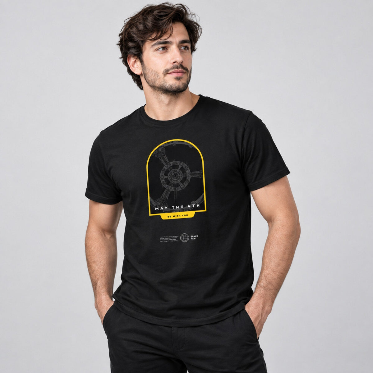May The 4th Blueprint Arch Tee — worn on model, front