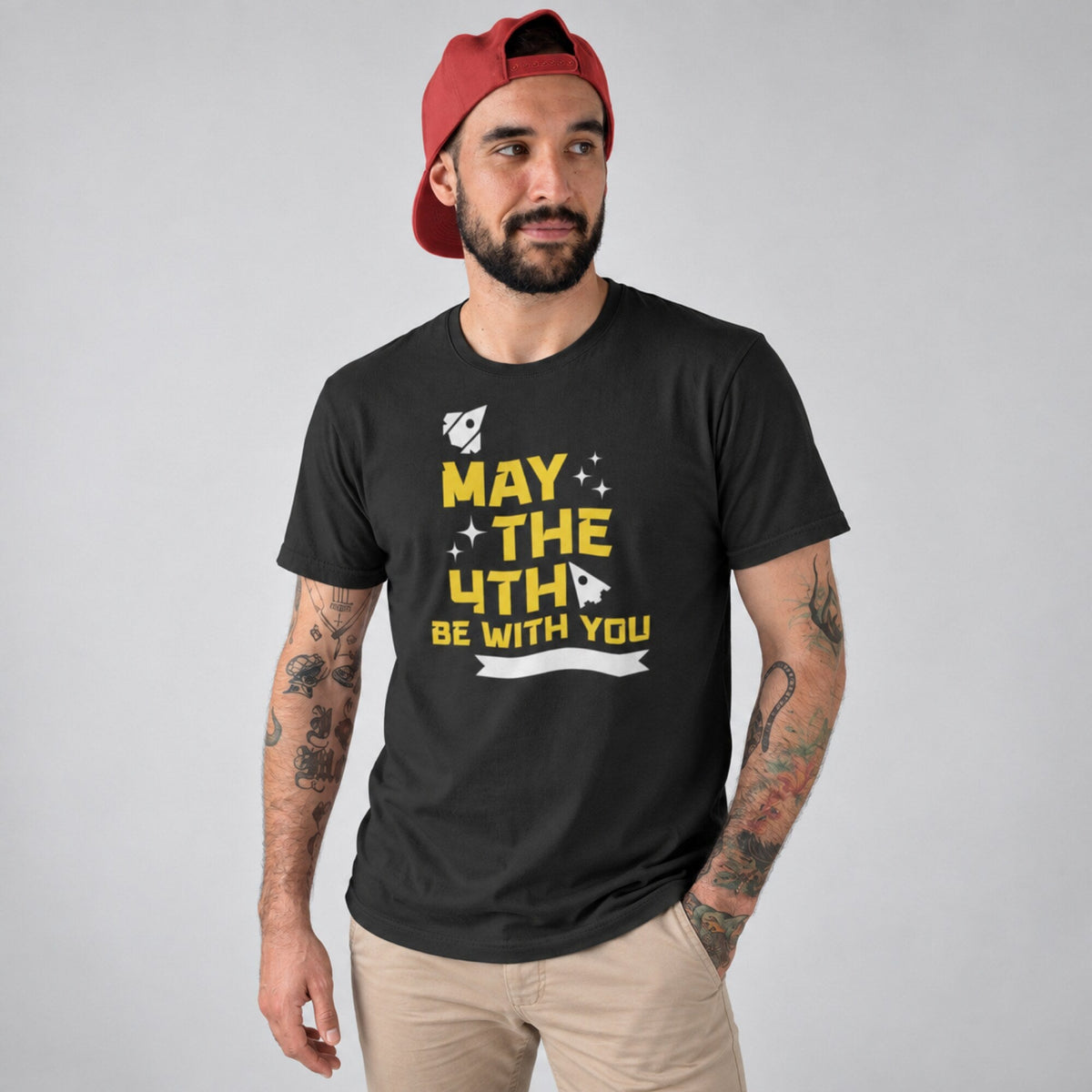 May The 4th Rockets and Stars Tee — worn on model, front