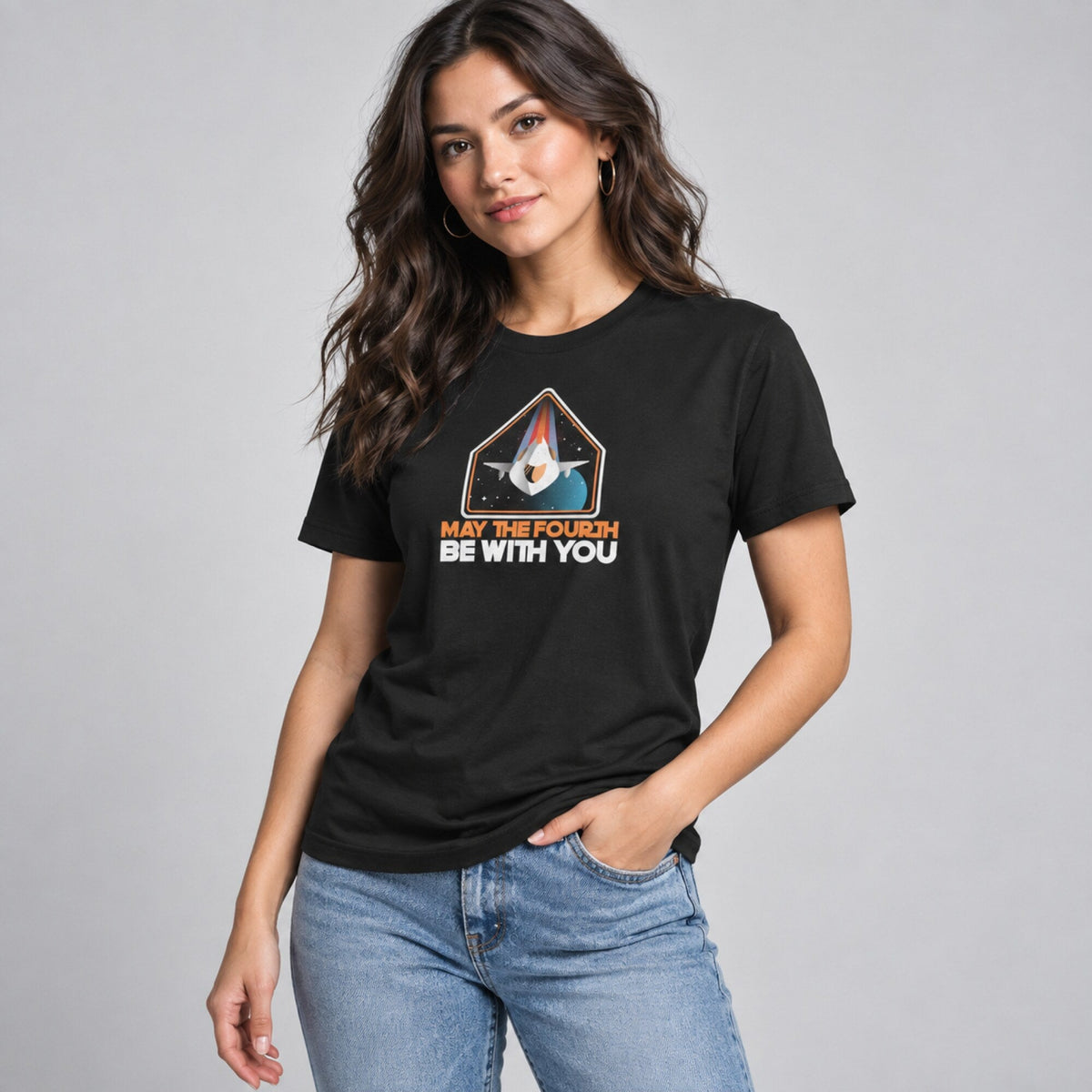 May The Fourth Starship Patch Tee — worn on model, front