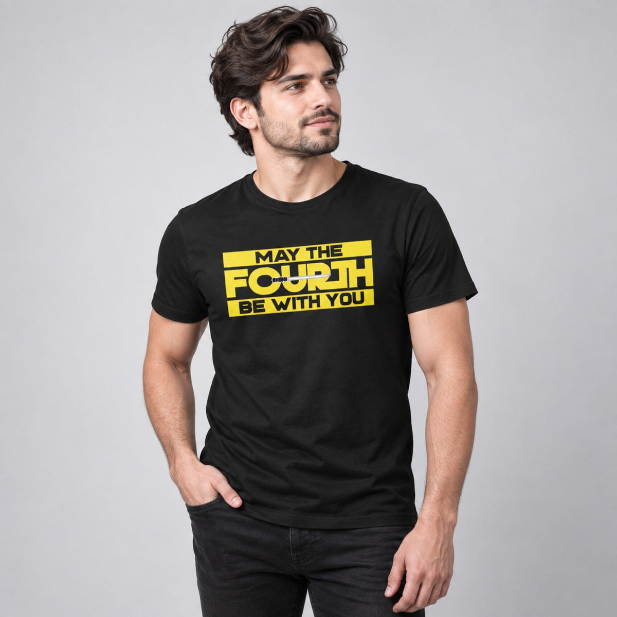 May The Fourth Yellow Block Tee — worn on model, front