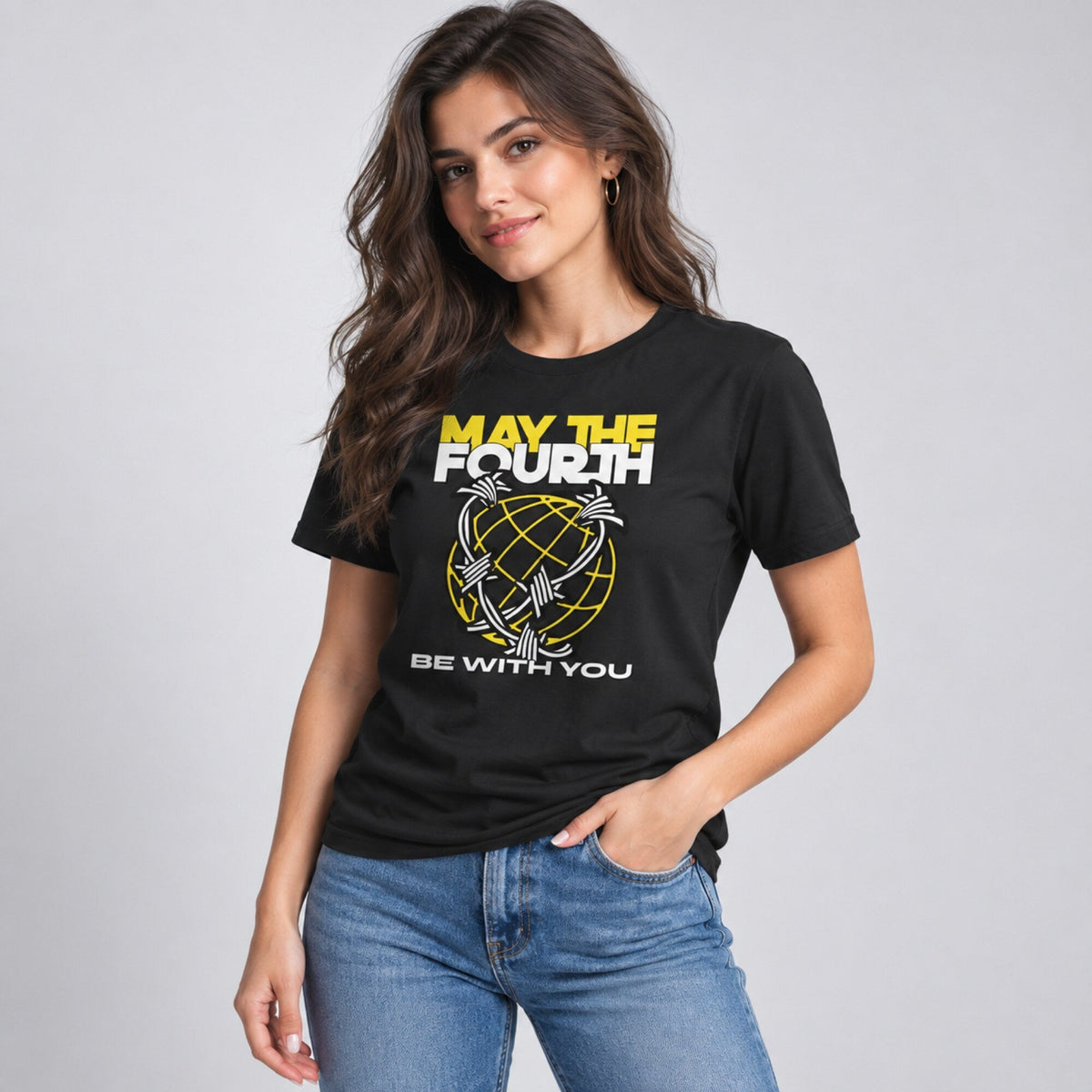 May The Fourth Barbed Wire Globe Tee — worn on model, front