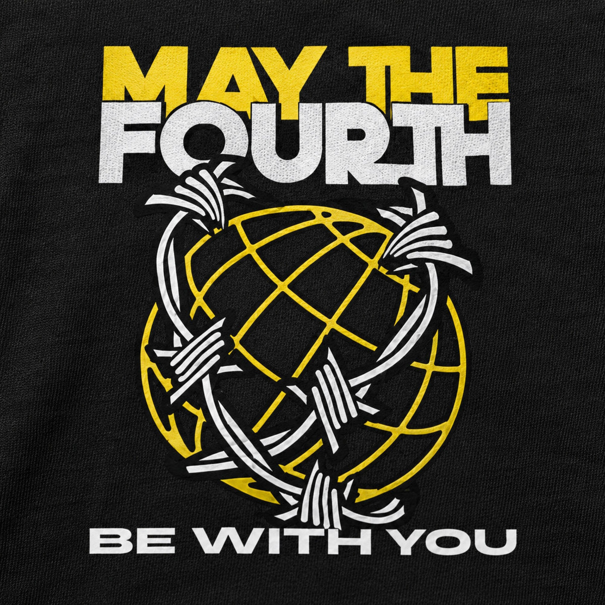 May The Fourth Barbed Wire Globe Tee — print detail close-up