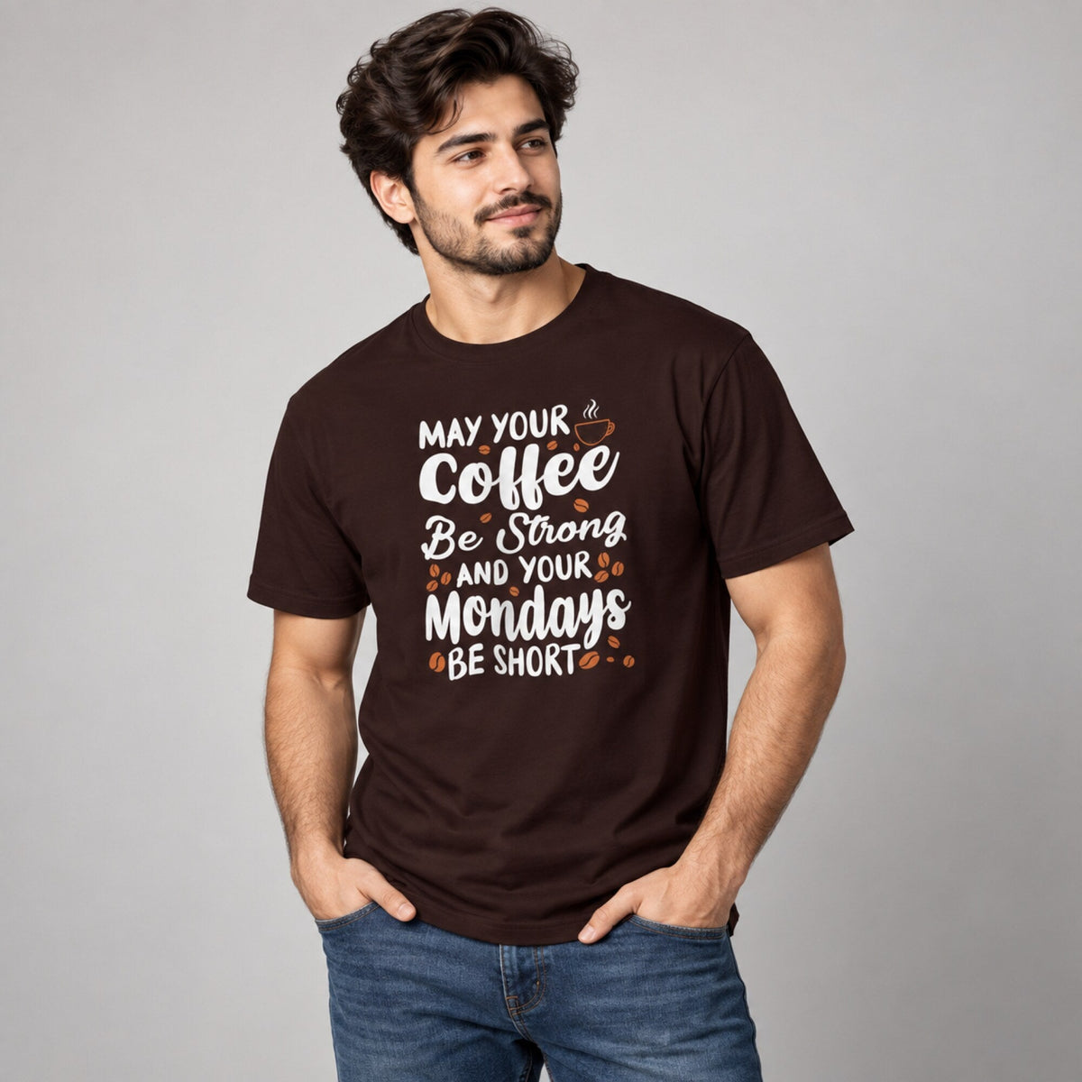 May Your Coffee Be Strong T-Shirt — worn on model, front