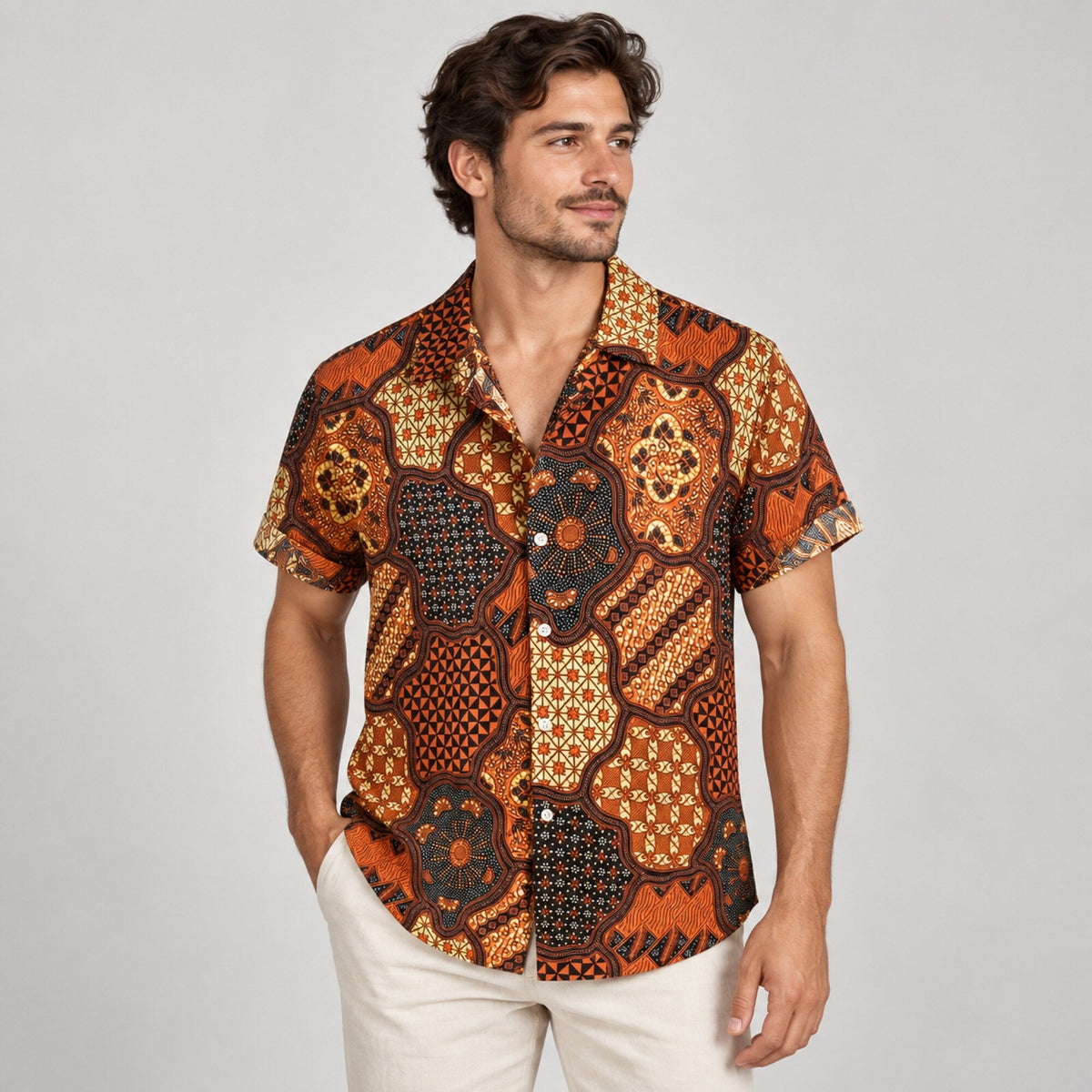 Men's Causal Printed Lycra Blend Shirts — worn on model, front