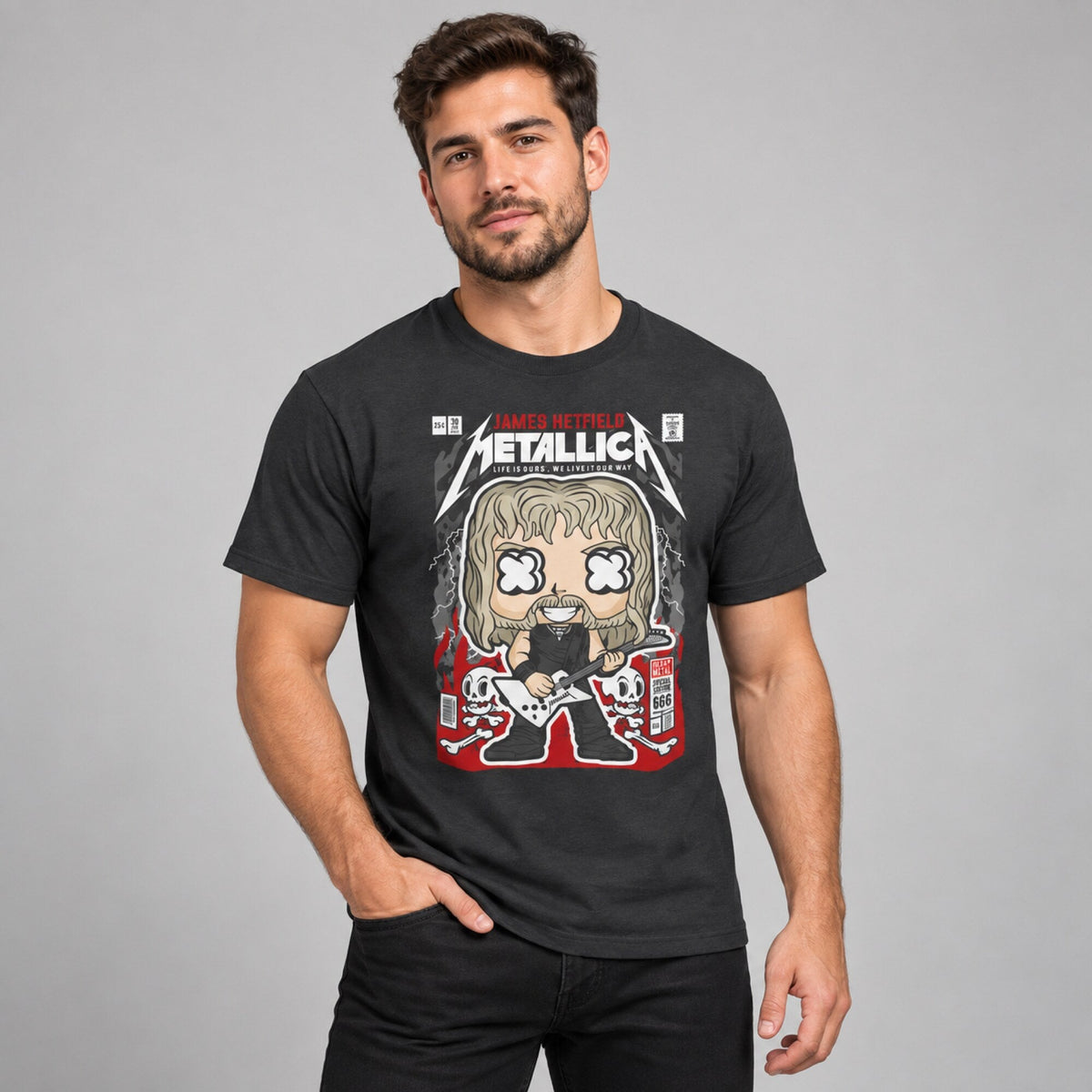 Metallica Pop Art Unisex T-Shirt — worn on model, front