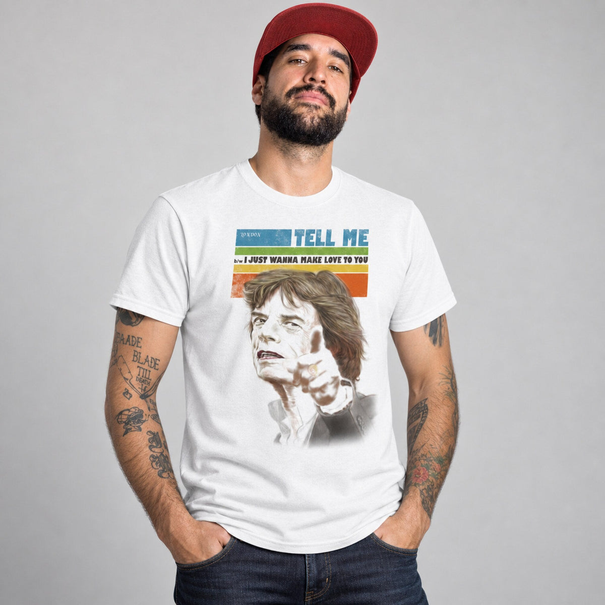 Mick Jagger Tell Me Portrait Tee — worn on model, front