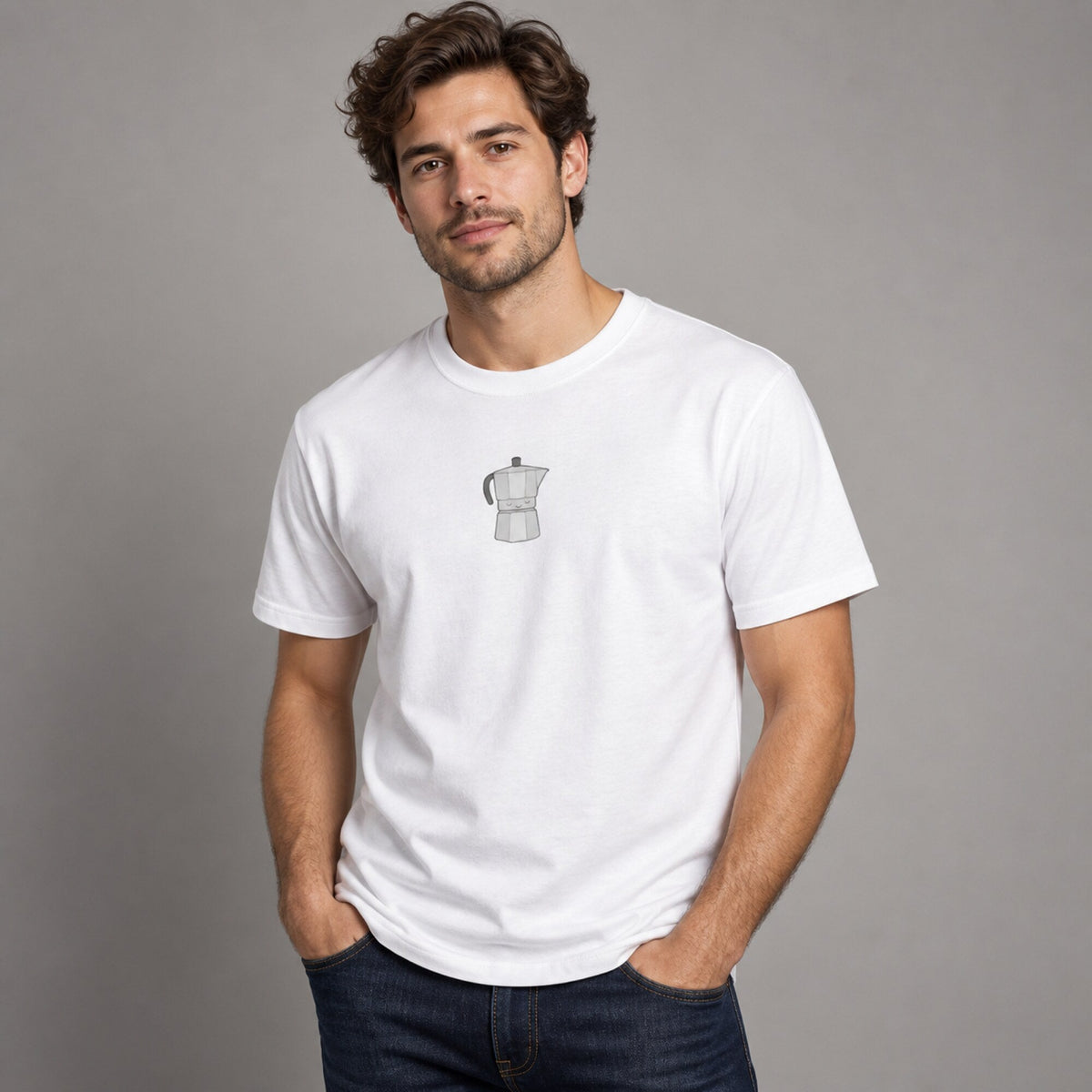 Moka Pot Coffee T-Shirt — worn on model, front
