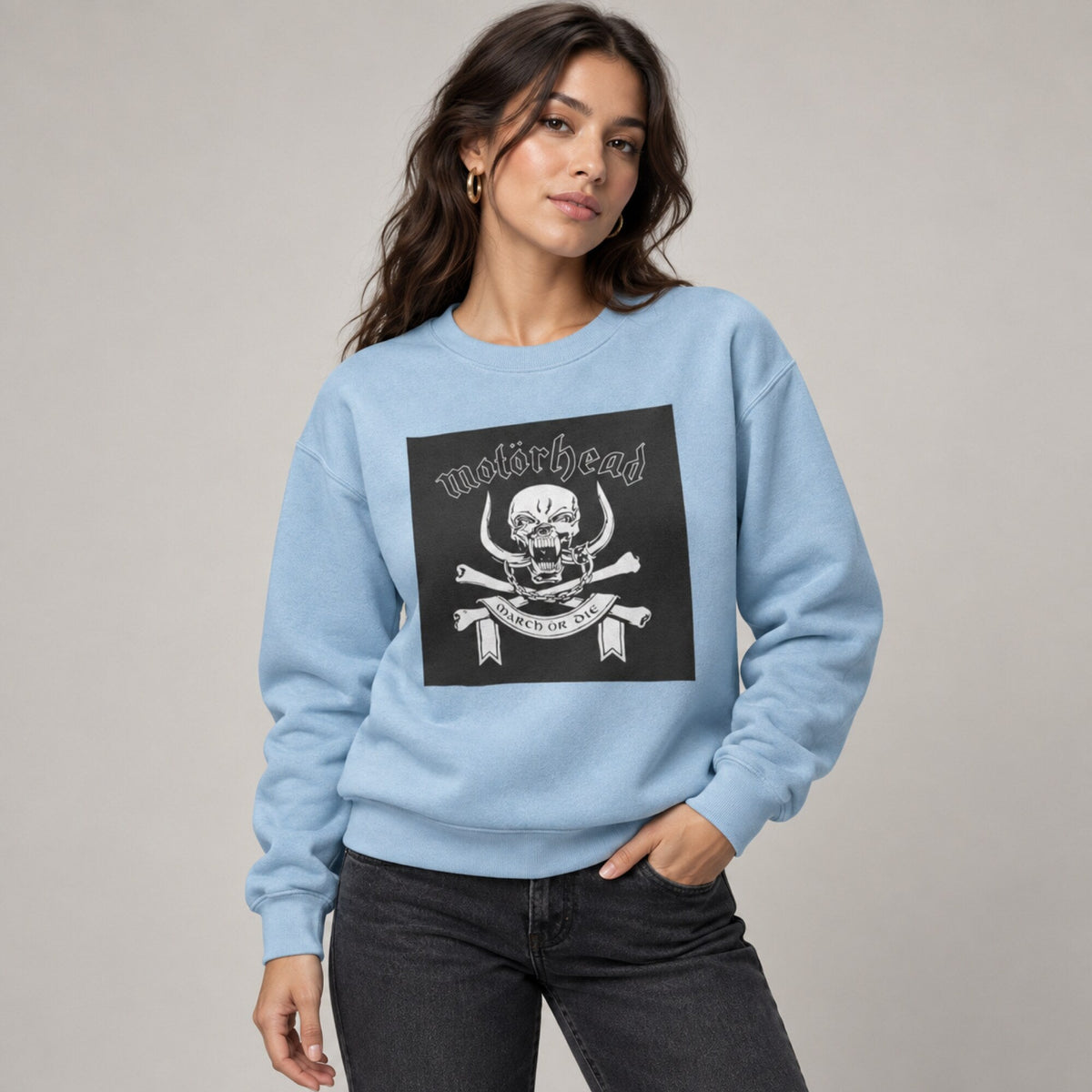 Motorhead Unisex Premium Sweatshirt — worn on model, front