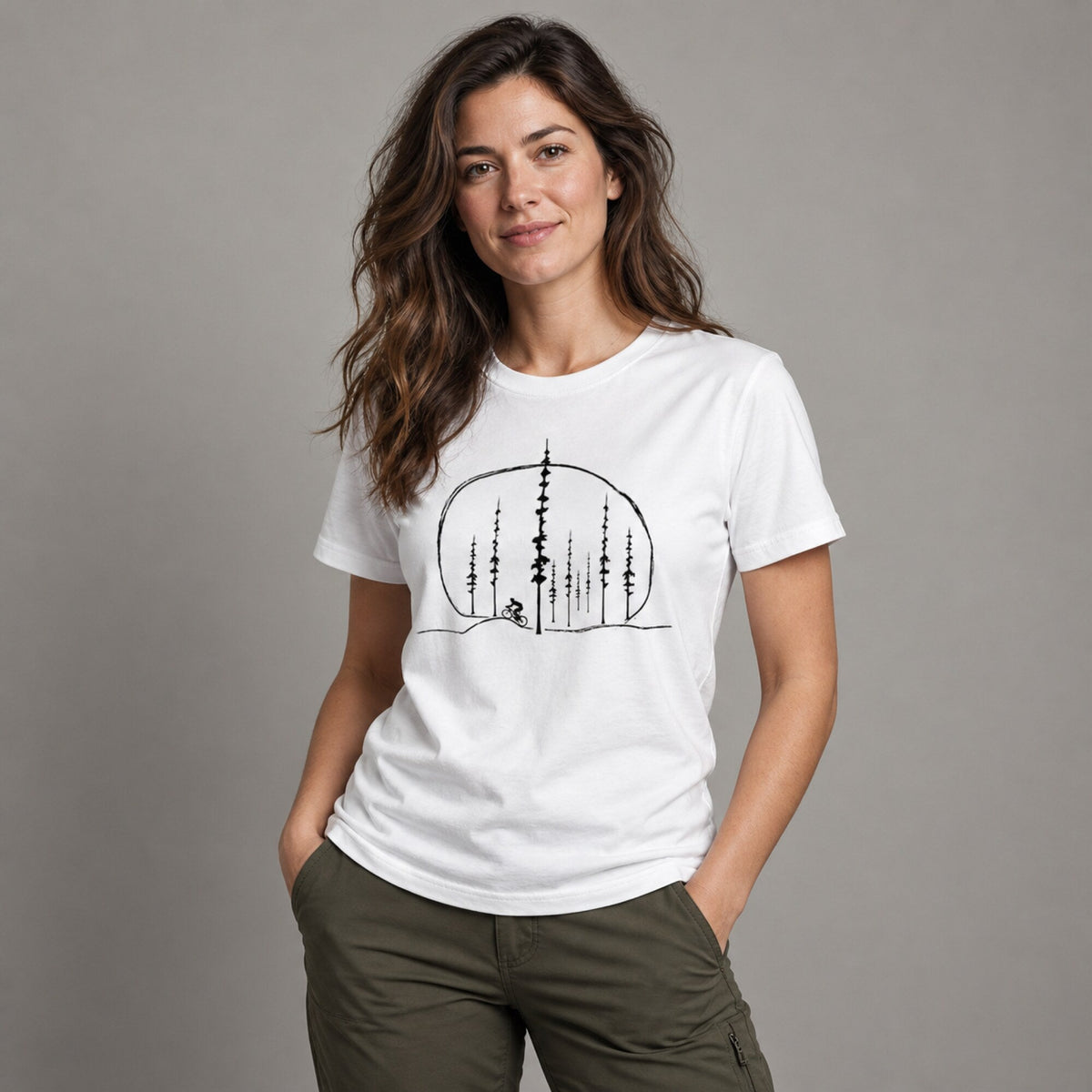Mountain Biking Adventure Unisex Printed T-Shirt — worn on model, front