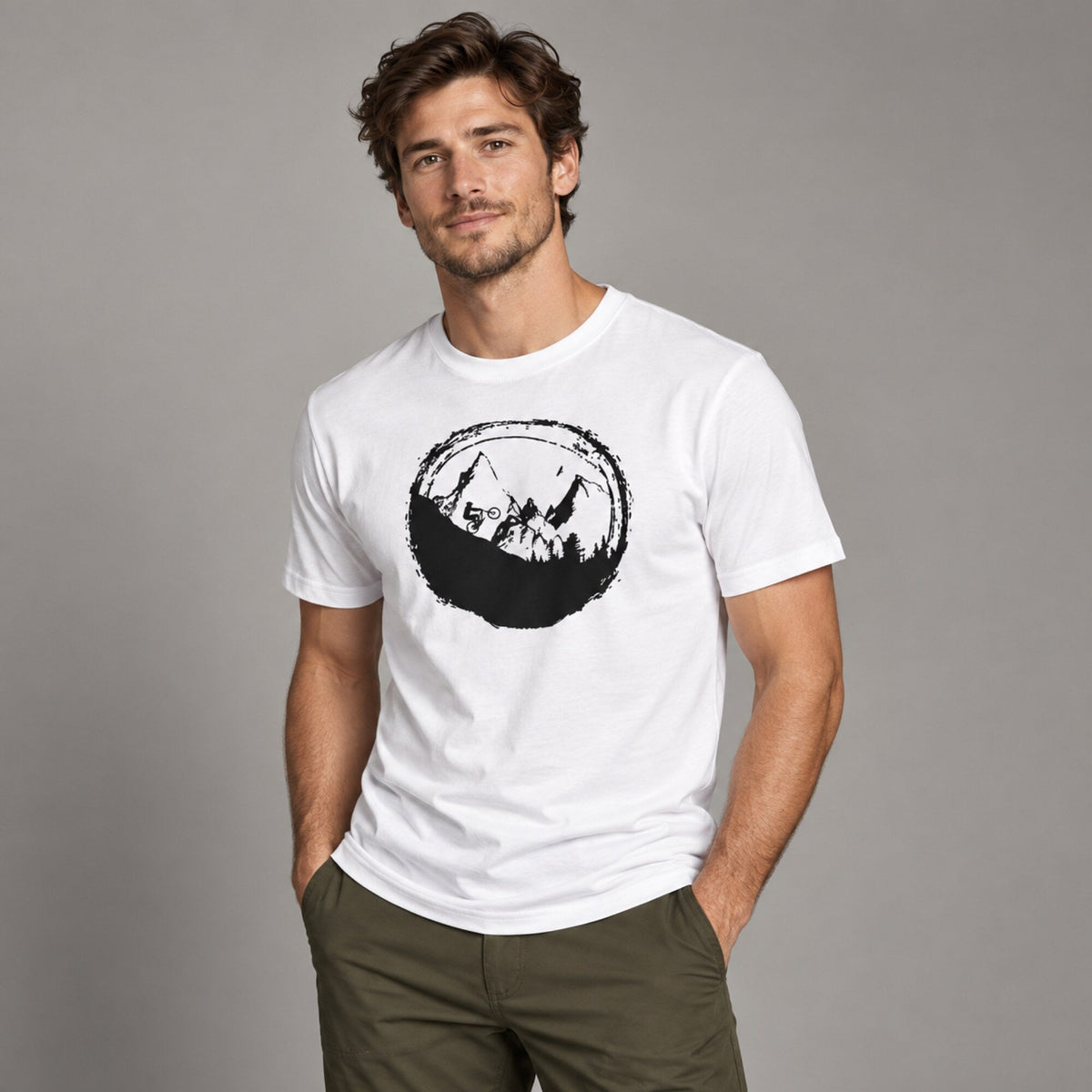 Mountain Biking Unisex Printed T-Shirt — worn on model, front