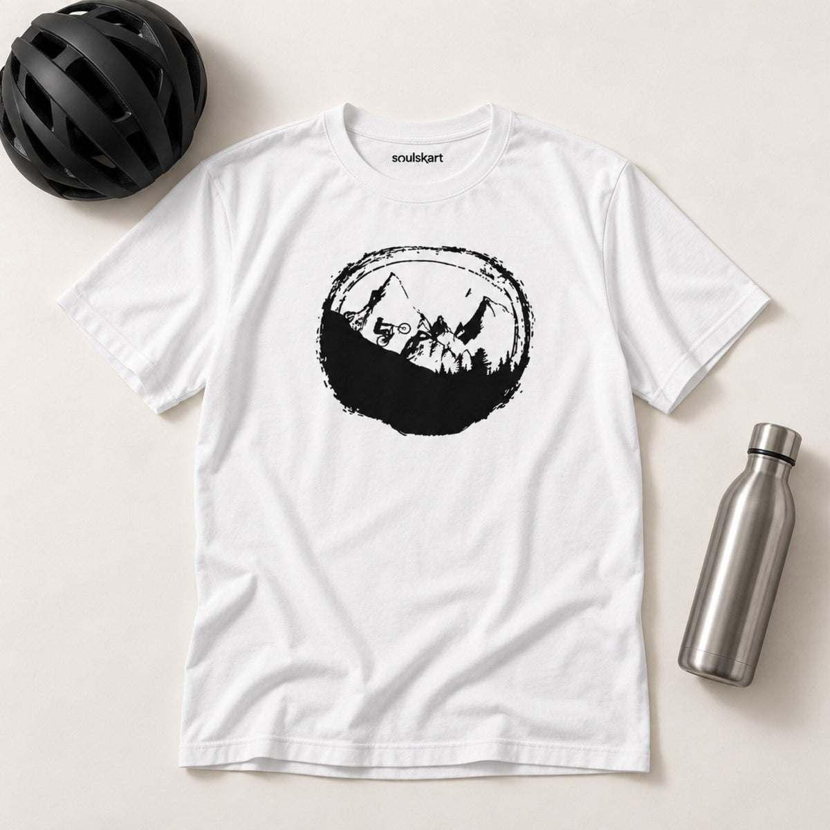 Mountain Biking Unisex Printed T-Shirt — on hanger